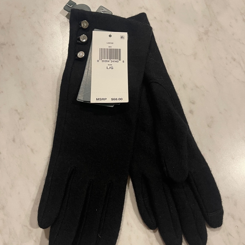 RALPH LAUREN Women L Black WOOL cashmere Touch Gloves Water Repellent New $68